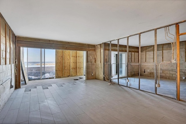 unfurnished room featuring light hardwood / wood-style flooring and a water view