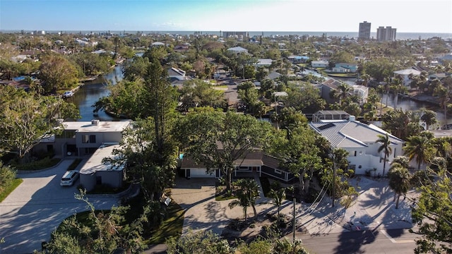 bird's eye view with a water view