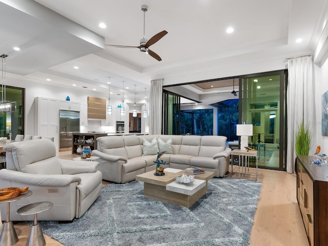 living room with a raised ceiling, ceiling fan, and light hardwood / wood-style flooring