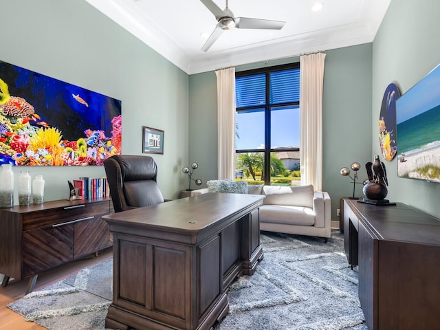 office space featuring ceiling fan, light hardwood / wood-style floors, and ornamental molding