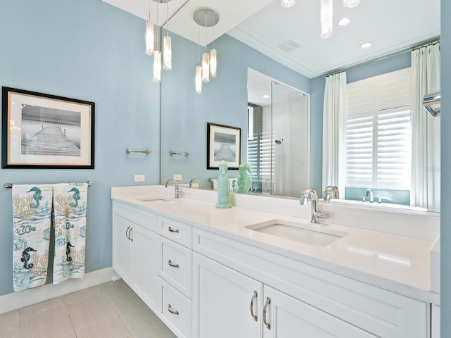 bathroom with vanity and walk in shower