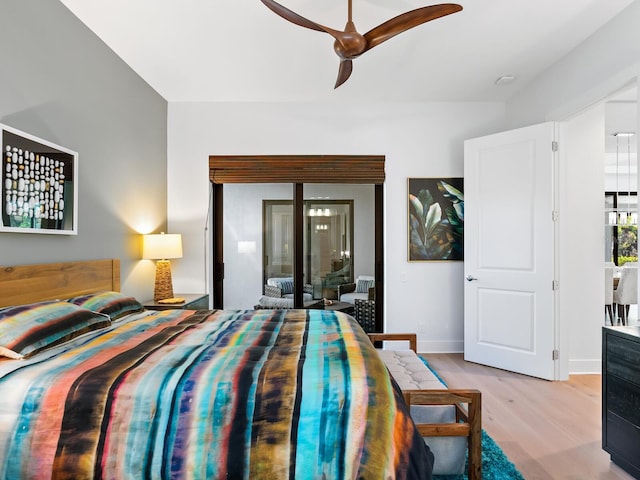 bedroom with ceiling fan and light wood-type flooring