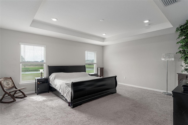 bedroom featuring a tray ceiling, multiple windows, and light colored carpet