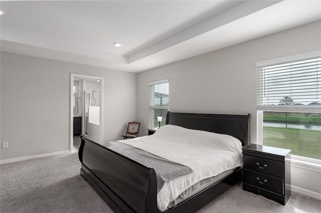 carpeted bedroom featuring a raised ceiling and connected bathroom