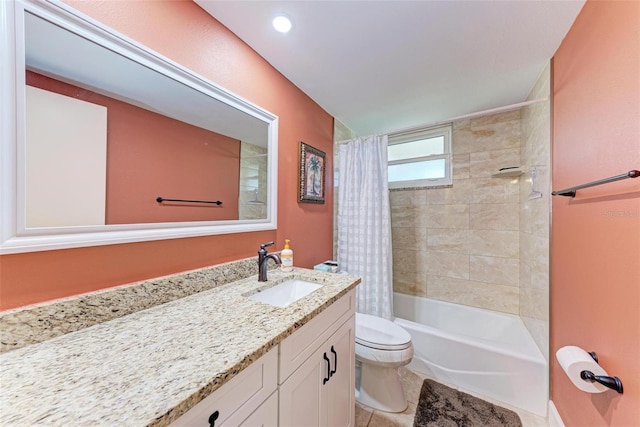 full bathroom with shower / bath combination with curtain, vanity, toilet, and tile patterned floors