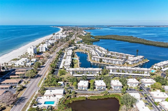 aerial view featuring a beach view and a water view