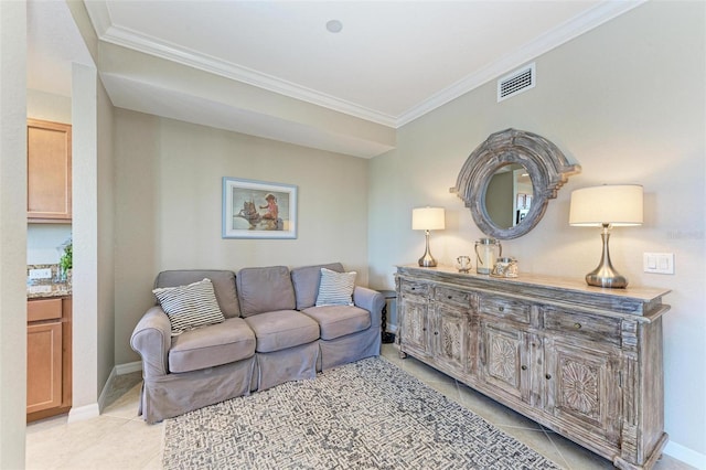 tiled living room featuring crown molding