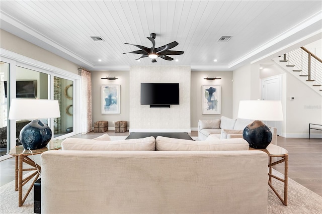 living room featuring crown molding, ceiling fan, wooden ceiling, and hardwood / wood-style flooring