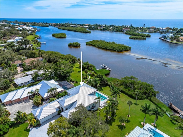 aerial view with a water view