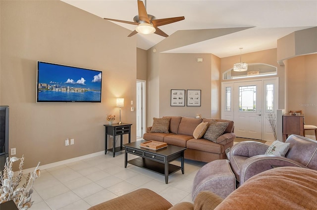 living room with ceiling fan, light tile patterned floors, and high vaulted ceiling