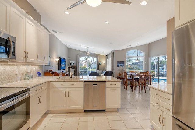 kitchen with kitchen peninsula, appliances with stainless steel finishes, plenty of natural light, and sink