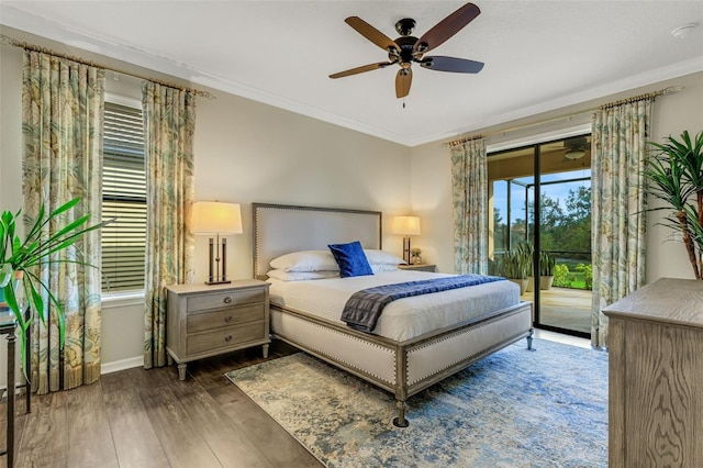 bedroom with access to outside, ceiling fan, crown molding, and dark hardwood / wood-style floors