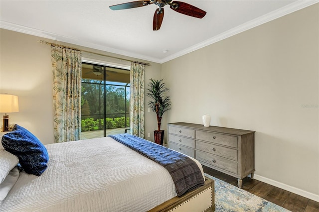 bedroom with access to exterior, ceiling fan, dark hardwood / wood-style floors, and ornamental molding