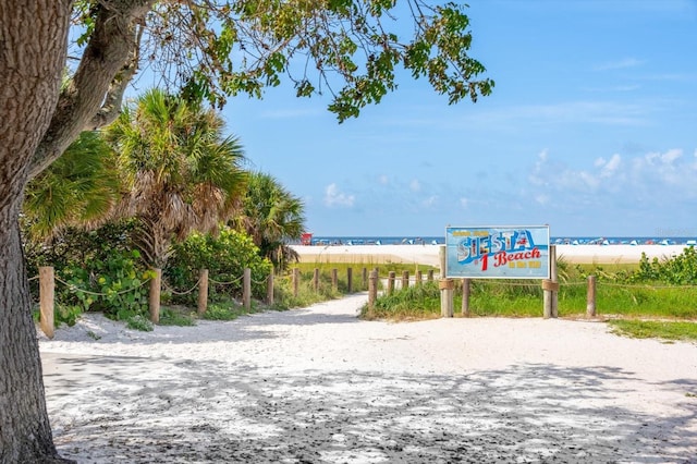 view of community with a beach view and a water view