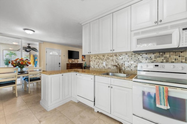 kitchen with kitchen peninsula, white cabinetry, white appliances, and sink