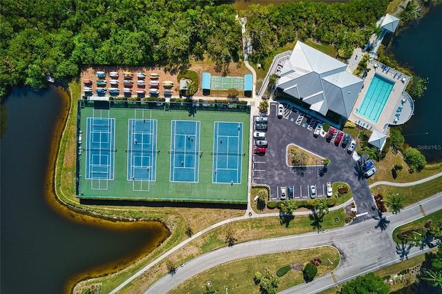 drone / aerial view with a water view