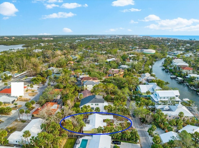 drone / aerial view featuring a water view