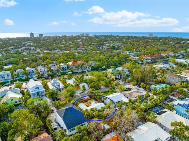 aerial view featuring a water view