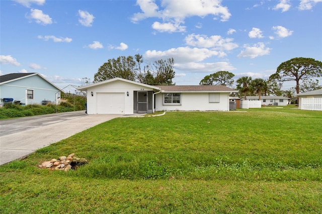 single story home featuring a garage and a front lawn