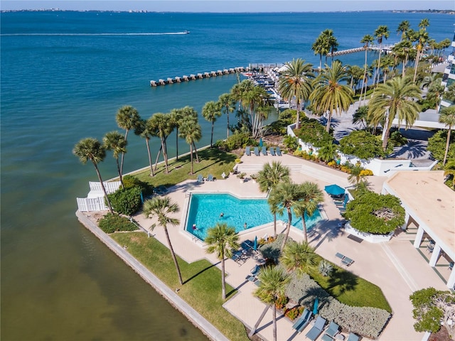 drone / aerial view with a water view