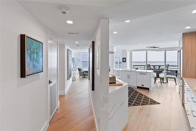 corridor with floor to ceiling windows, sink, and light hardwood / wood-style flooring