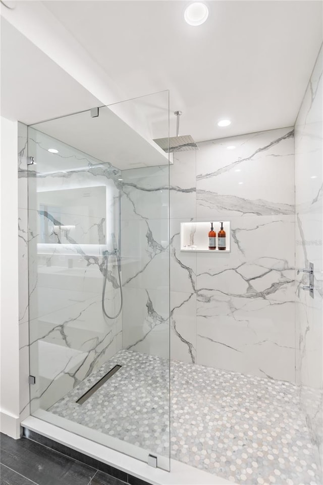 888 Blvd Of The Arts Unit 1705, Sarasota, FL 34236 - bathroom with a marble finish shower and recessed lighting