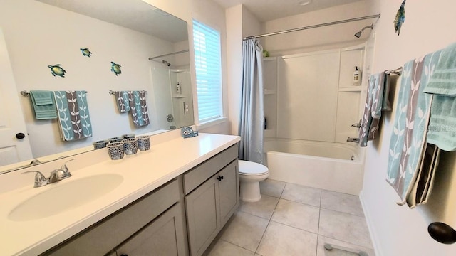 full bathroom with toilet, tile patterned flooring, shower / tub combo with curtain, and vanity