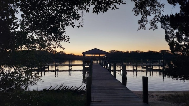 dock area featuring a water view and a gazebo