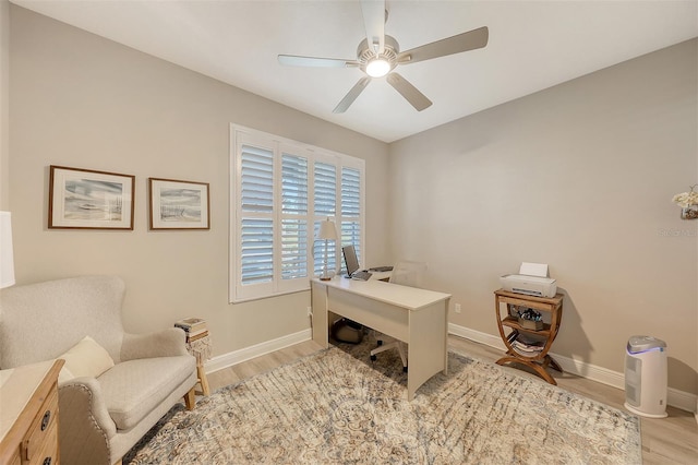 office area featuring light hardwood / wood-style floors and ceiling fan