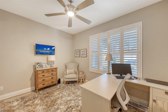 office featuring hardwood / wood-style flooring and ceiling fan