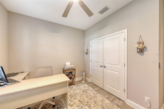 office space with ceiling fan and light wood-type flooring