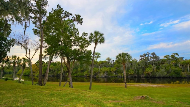 view of community featuring a water view and a lawn