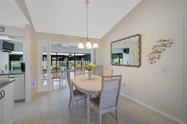 dining area with a ceiling fan, lofted ceiling, light tile patterned flooring, and baseboards