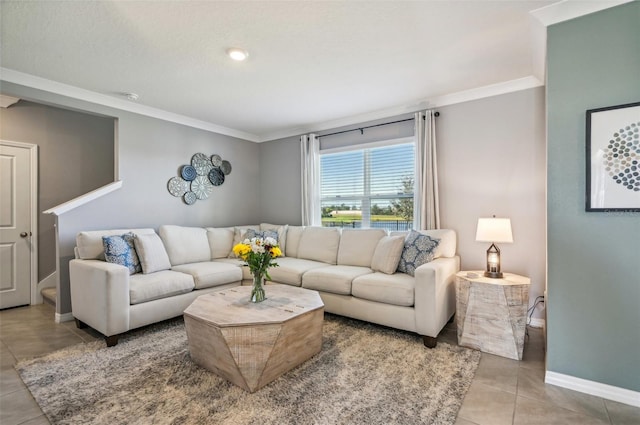 tiled living room featuring crown molding