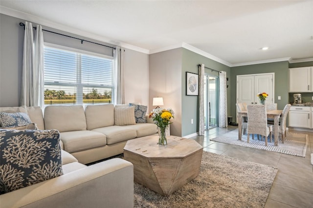 tiled living room featuring crown molding