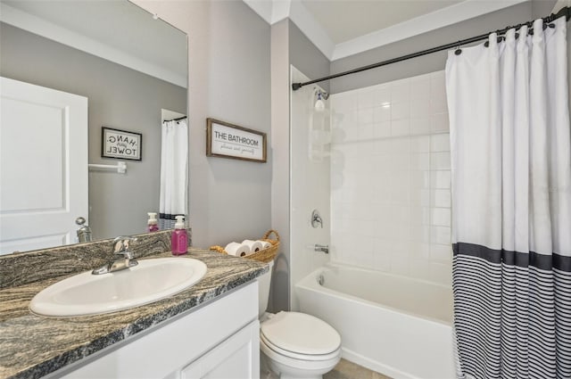 full bathroom with vanity, toilet, and shower / tub combo with curtain