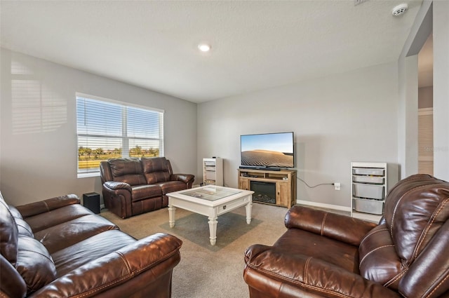 living room with light colored carpet