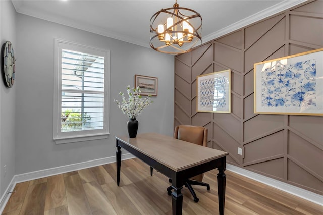 office area featuring a chandelier, ornamental molding, and hardwood / wood-style floors