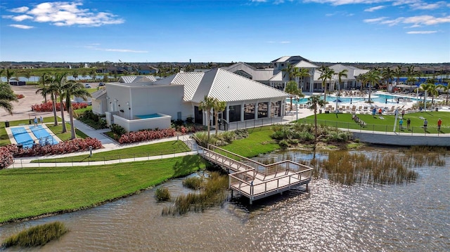 drone / aerial view featuring a water view