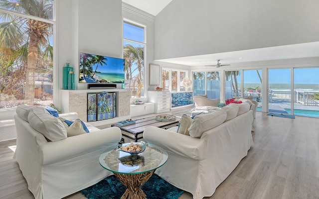 living room featuring a towering ceiling, light hardwood / wood-style flooring, and ceiling fan