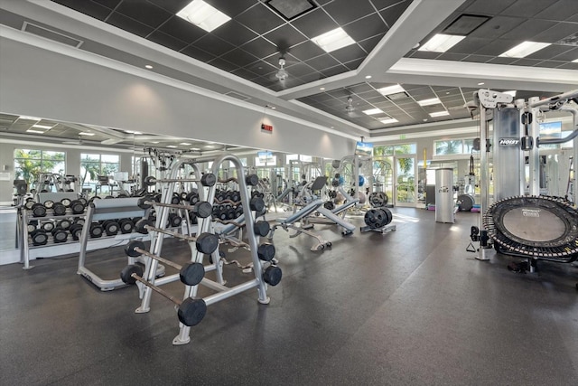 gym featuring a drop ceiling and a healthy amount of sunlight