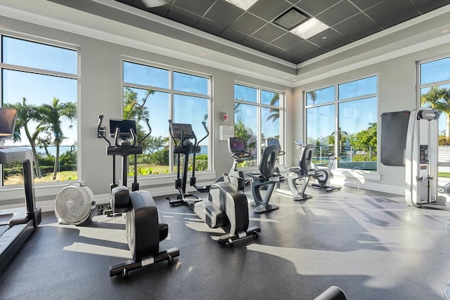 gym with a paneled ceiling, plenty of natural light, a raised ceiling, and ornamental molding