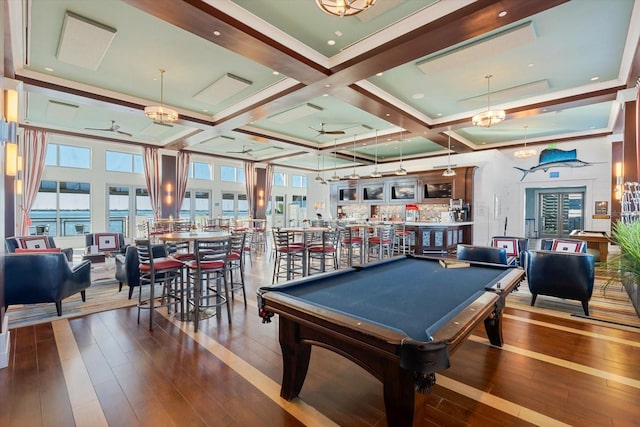 playroom featuring ceiling fan, pool table, coffered ceiling, and hardwood / wood-style flooring