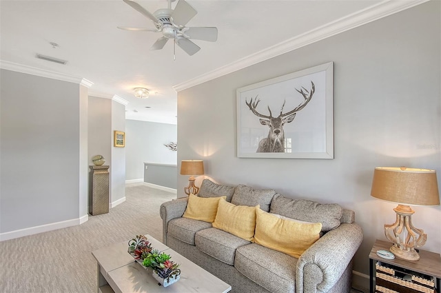 living room with light carpet, ceiling fan, and ornamental molding