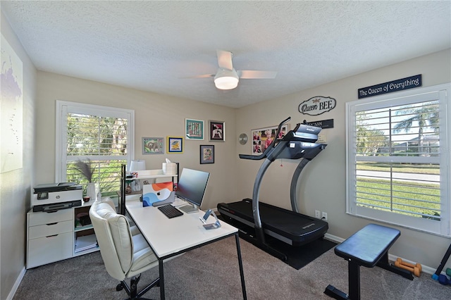 carpeted office space with ceiling fan, plenty of natural light, and a textured ceiling