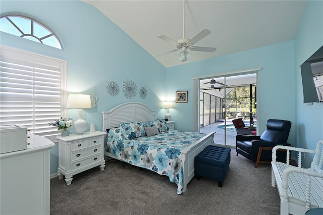 bedroom with ceiling fan, high vaulted ceiling, dark carpet, and access to outside