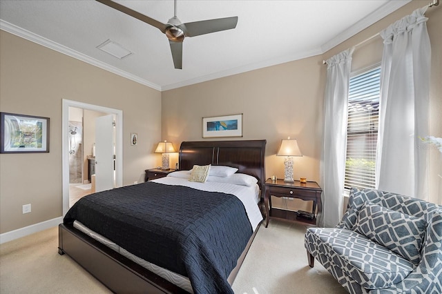 carpeted bedroom featuring ensuite bathroom, crown molding, and ceiling fan