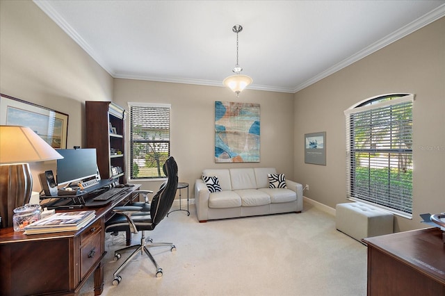 carpeted office space with ornamental molding