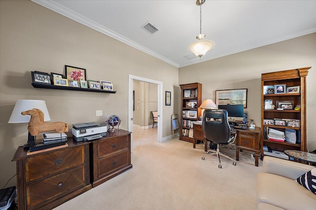 carpeted office space with ornamental molding