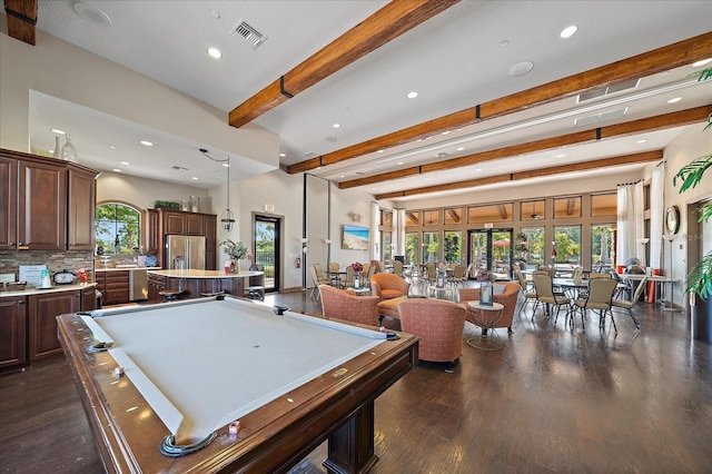 rec room featuring dark hardwood / wood-style flooring, beamed ceiling, and pool table